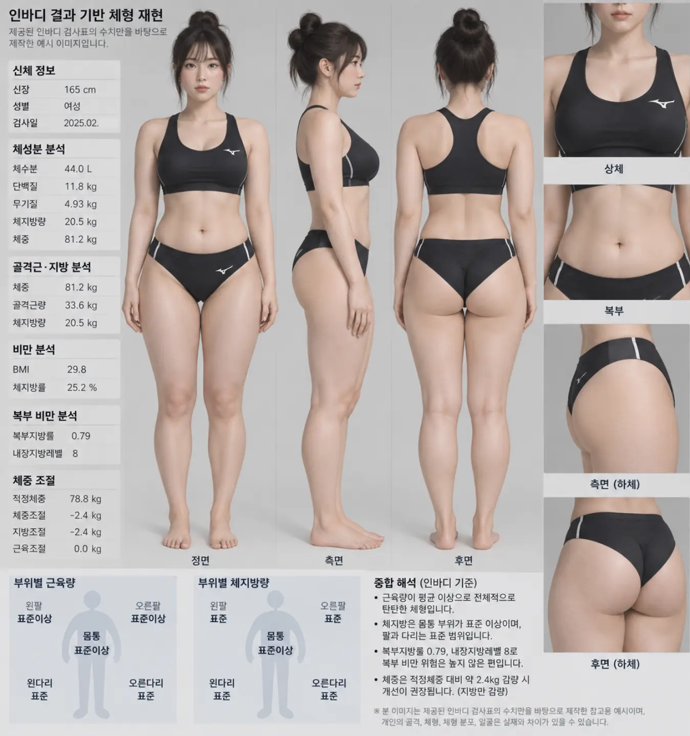 ㅇㅎ,챗지피티) 165cm, 81kg, BMI 29.8 여자, 인바디표 참고하여 이미지 생성.