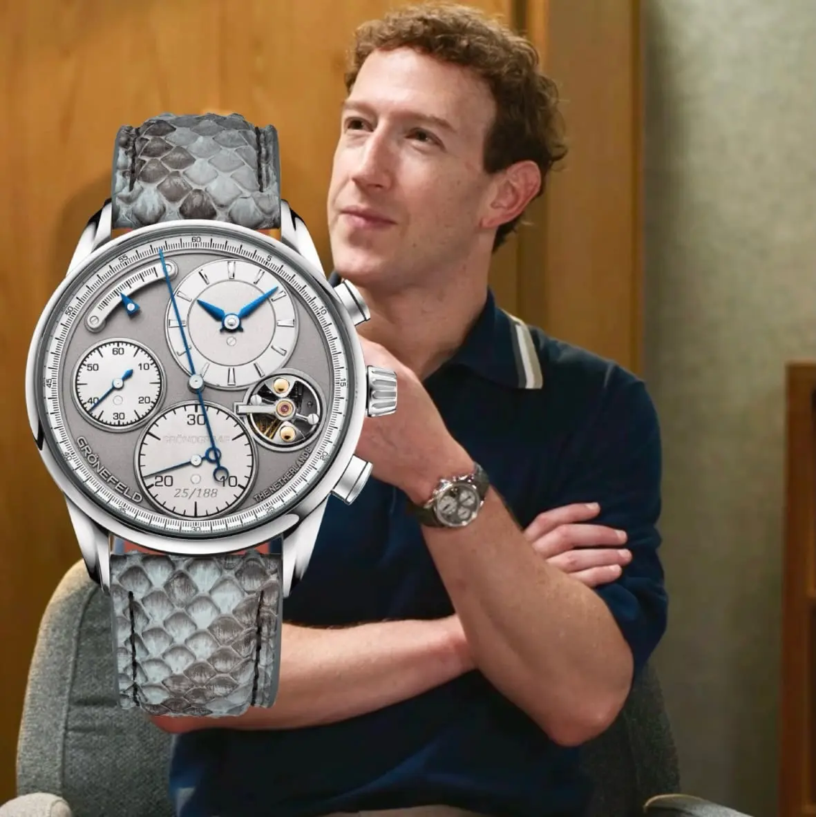 Mark Zuckerberg sporting a Gronefeld 1941 Gronograaf in a recent interview. Not sure if steel or.jpg