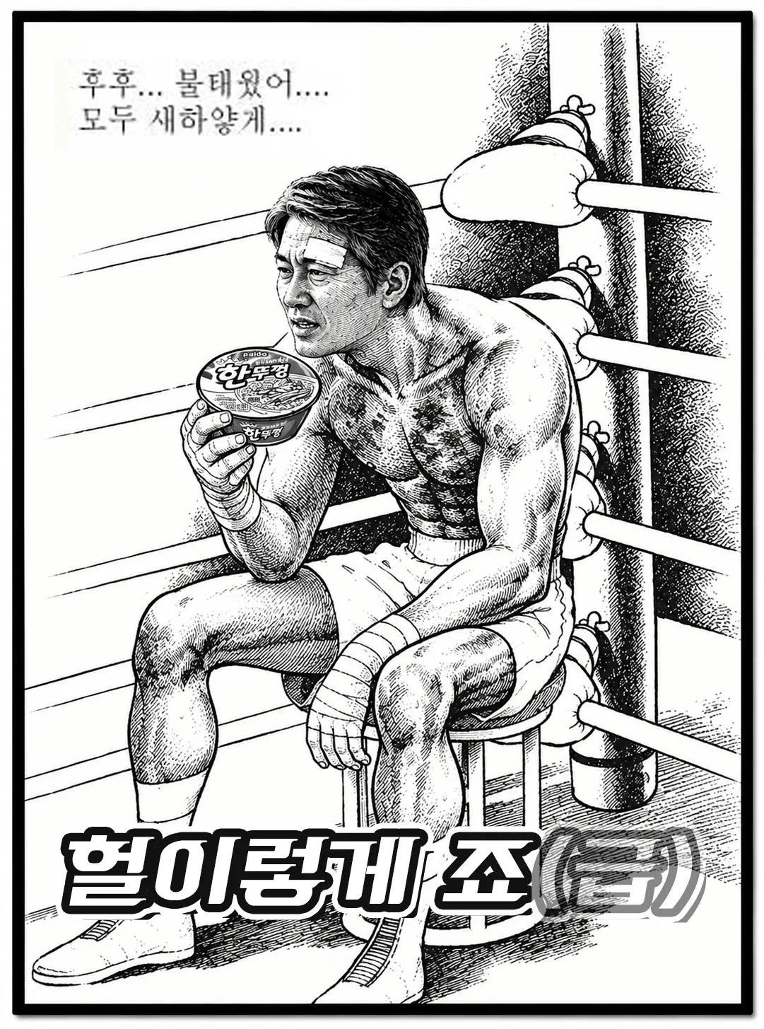 복싱 링에서 컵라면을 든 지친 파이터.png